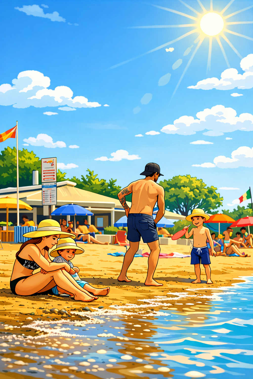 Famiglia in spiaggia davanti al Camping Villa al Mare, vacanza estiva sul mare a Cavallino Treporti